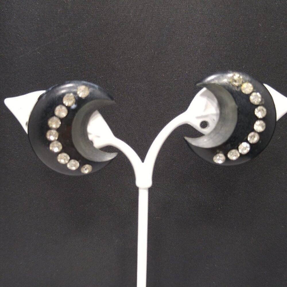 Vintage Black Thermoset Crescent Moon Earrings Rhinestone Clip On 1950s Jewelry